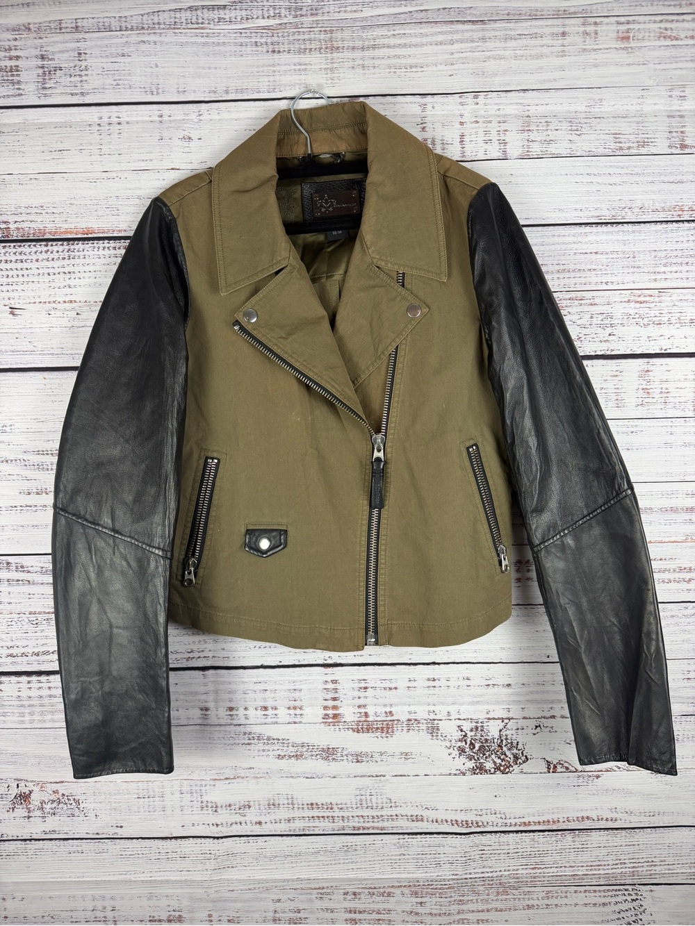 Mackage Olive Green & Black Leather Sleeve Moto Jacket M